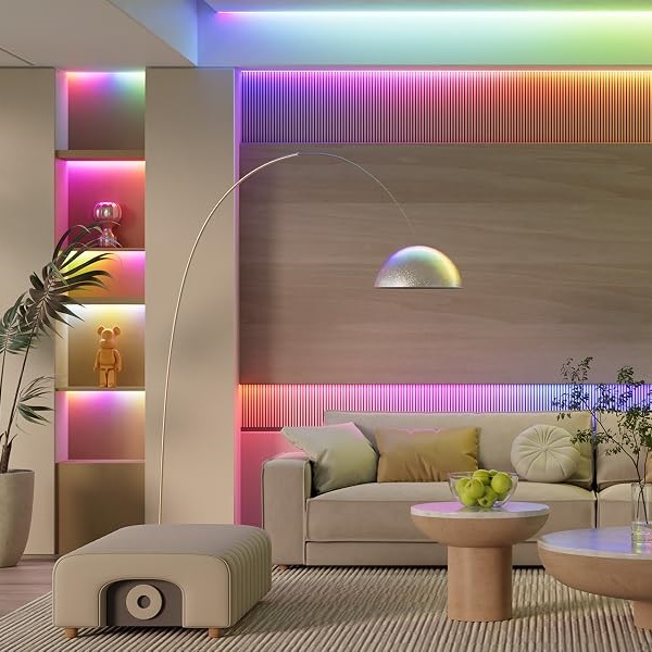 Hotel guest room with illuminated architectural details